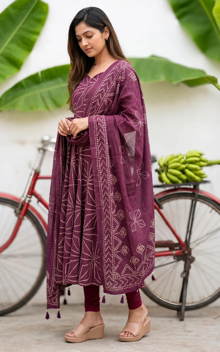 Jerisha Plum Bandhani Printed Anarkali (Kurti+Dupatta)